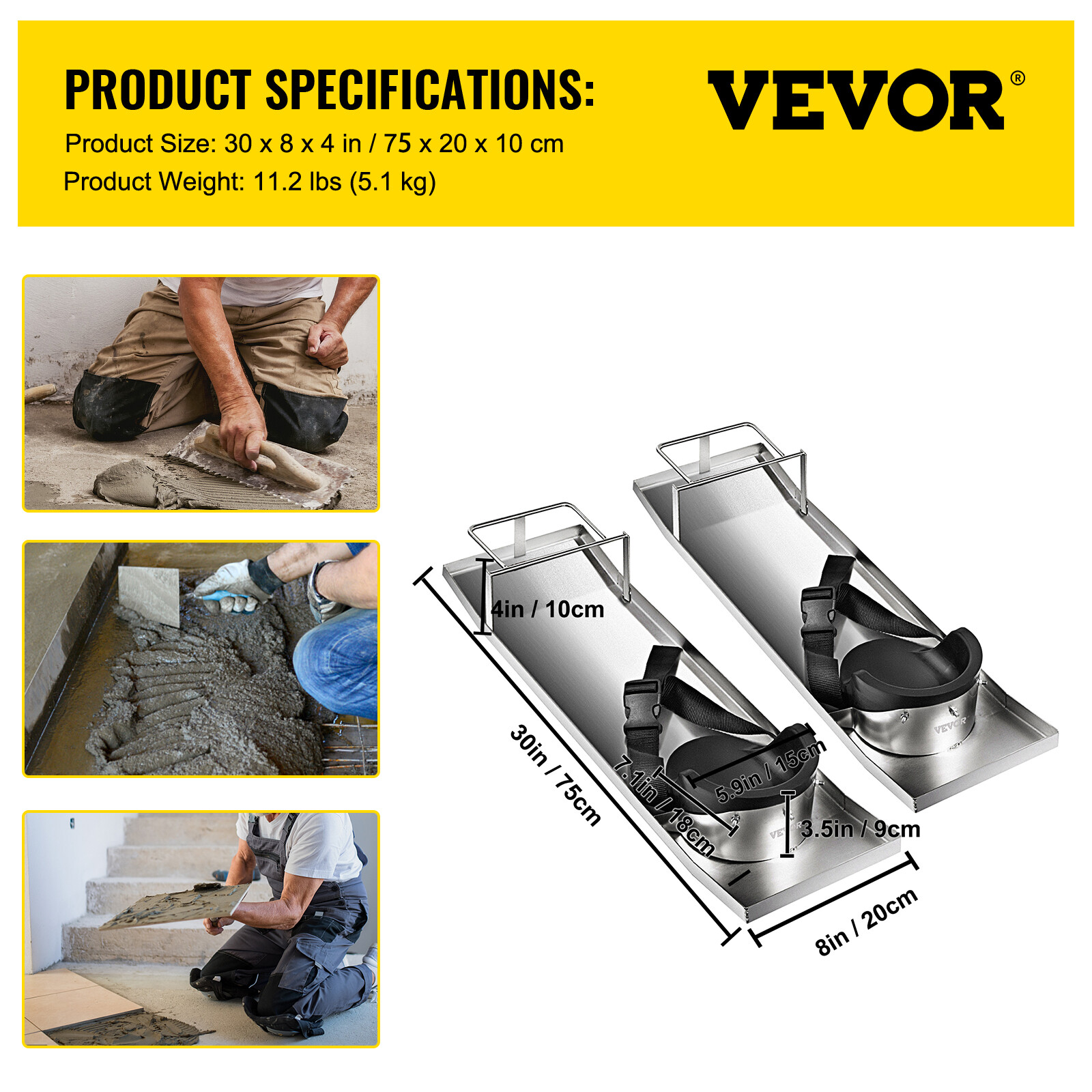 VEVOR Concrete Slider Knee Boards Pair Sliding Boards 30" x 8" Stainless w/ Pads