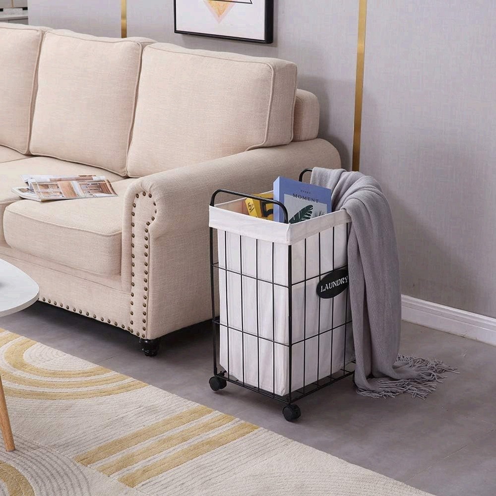 Iron Wire Laundry Hamper With Rolling Lockable Wheels, Folding Laundry Storage