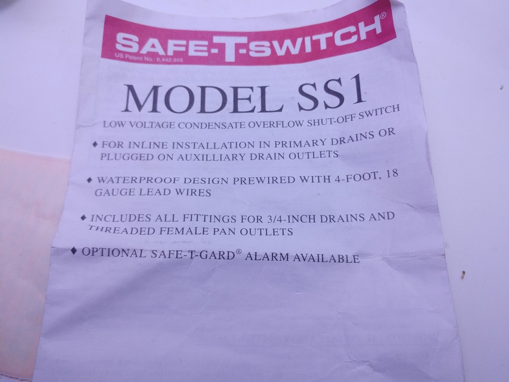 Model SS1 Safe-T-Switch Low Voltage Overflow Shut-Off Switch