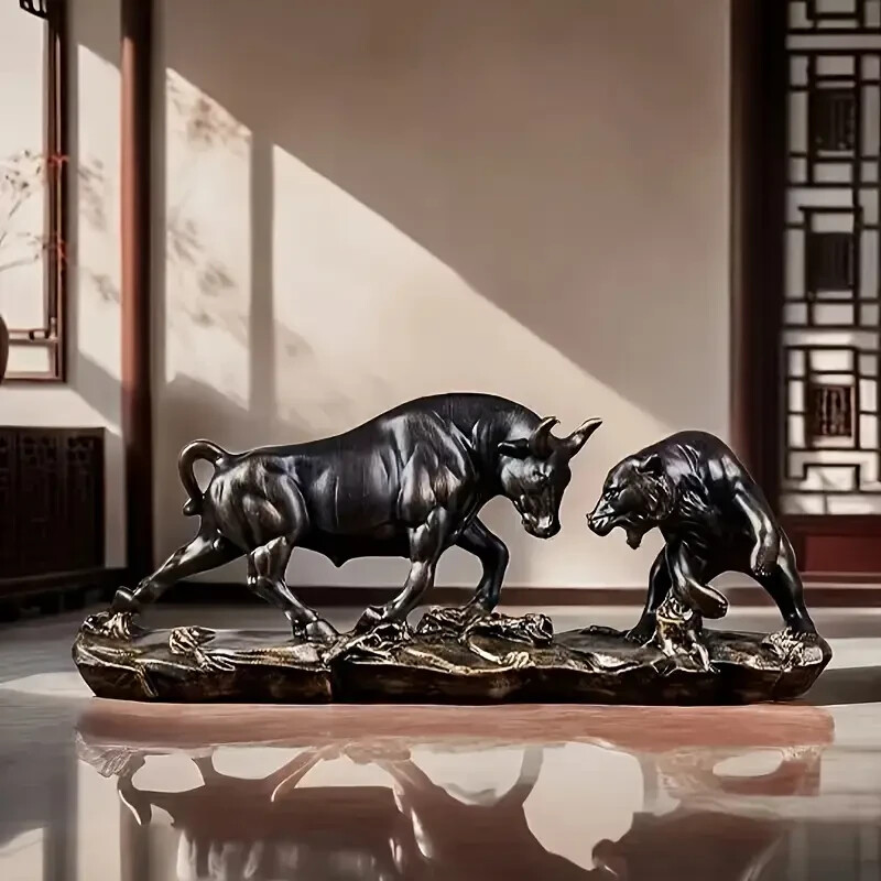 NEW Dark Bronze Style Bull & Bear Fight. Resin Figurine Sculpture 5hx11wx3d
