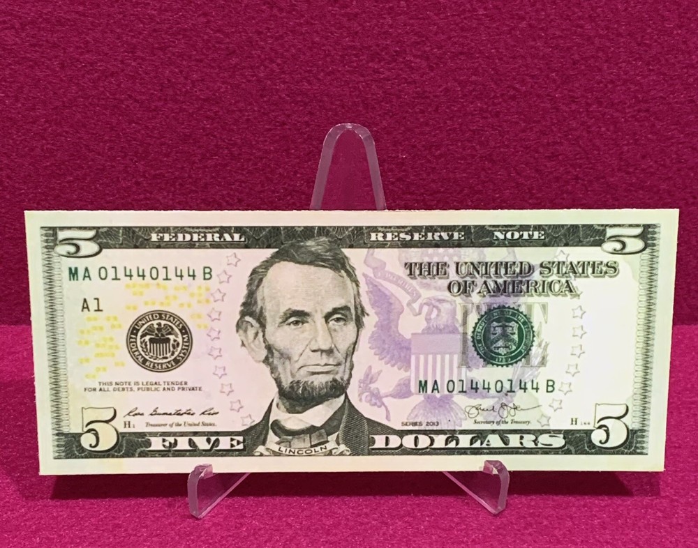 2013 $5 FIVE DOLLAR BILL (STICKER) Trynary Repeater Note  (READ DESCRIPTION!)
