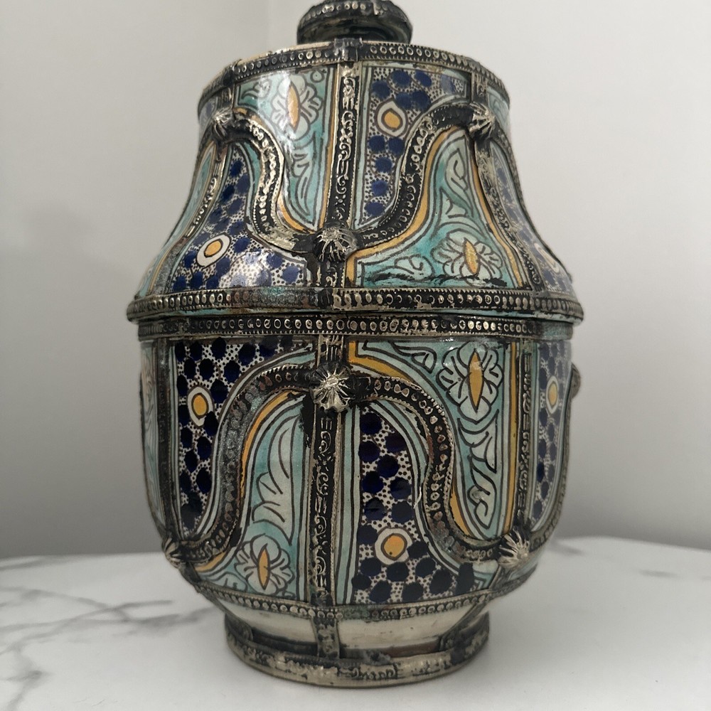 Antique Moroccan Jar With Silver Trim