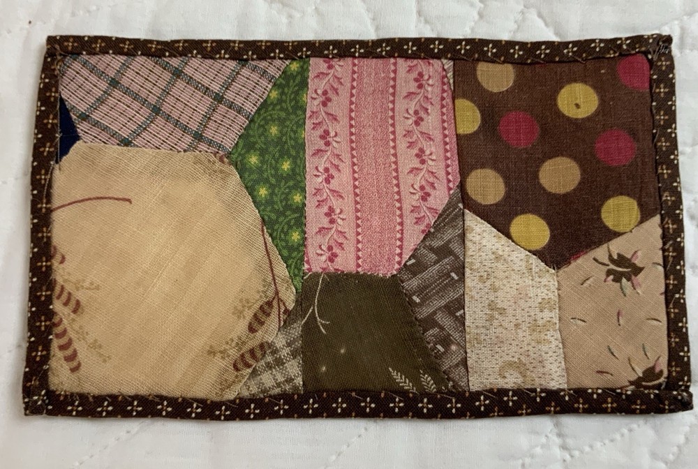 Antique Patchwork Quilt Table Topper, Rectangle Early Calicos, Brown