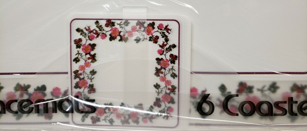 12 pc 3D Thin Plastic Set: 6 PLACEMATS & 6 COASTERS, PINK FLOWERS FRAME, Mirtex