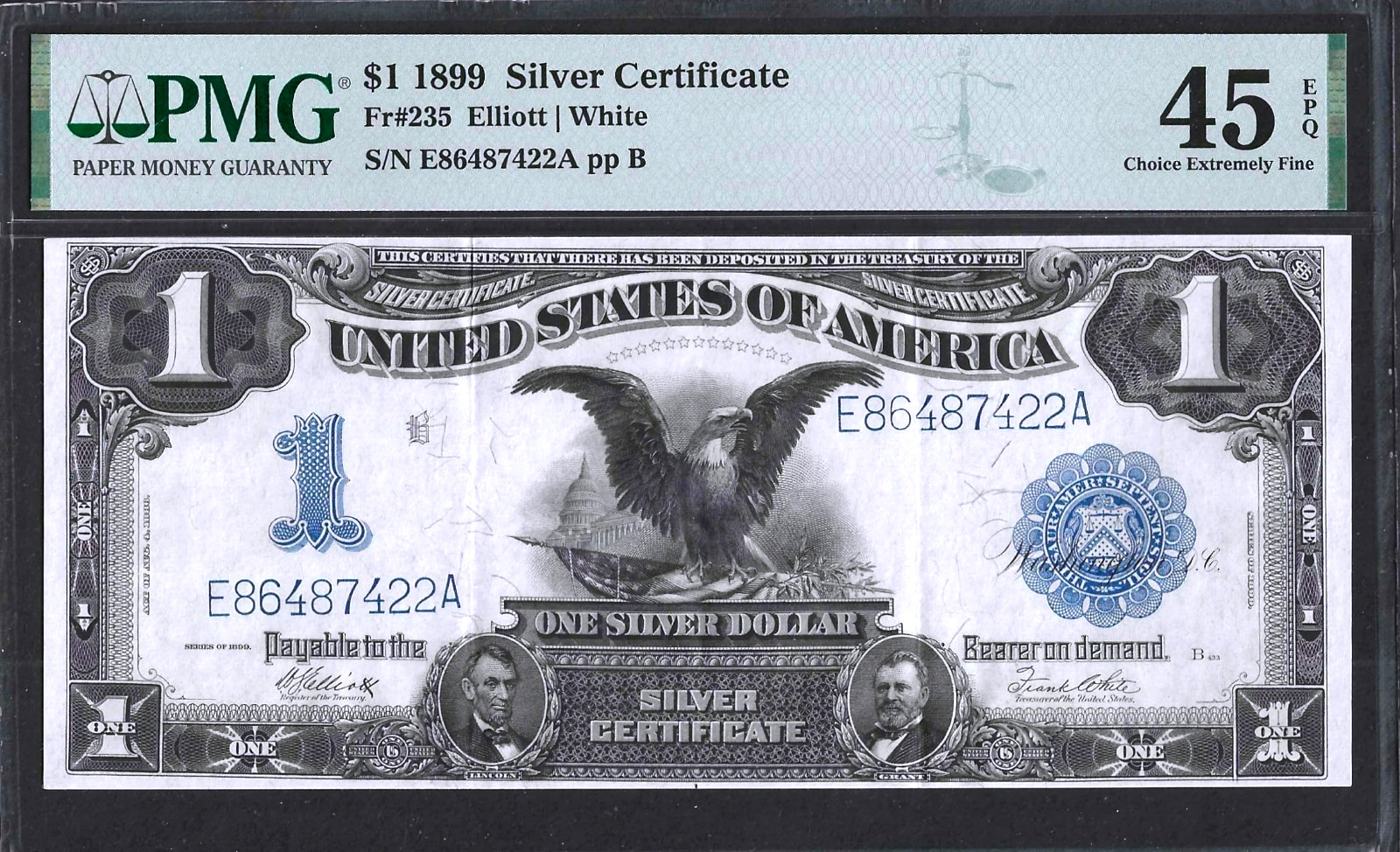 1899 $1 SILVER CERTIFICATE BLACK EAGLE ~ SUPER PMG CHOICE EXTREMELY FINE 45 EPQ
