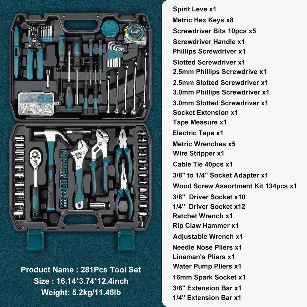 Home Tool Kit 281-PCs - Portable Complete Basic Repair General Hand Tool Sets...