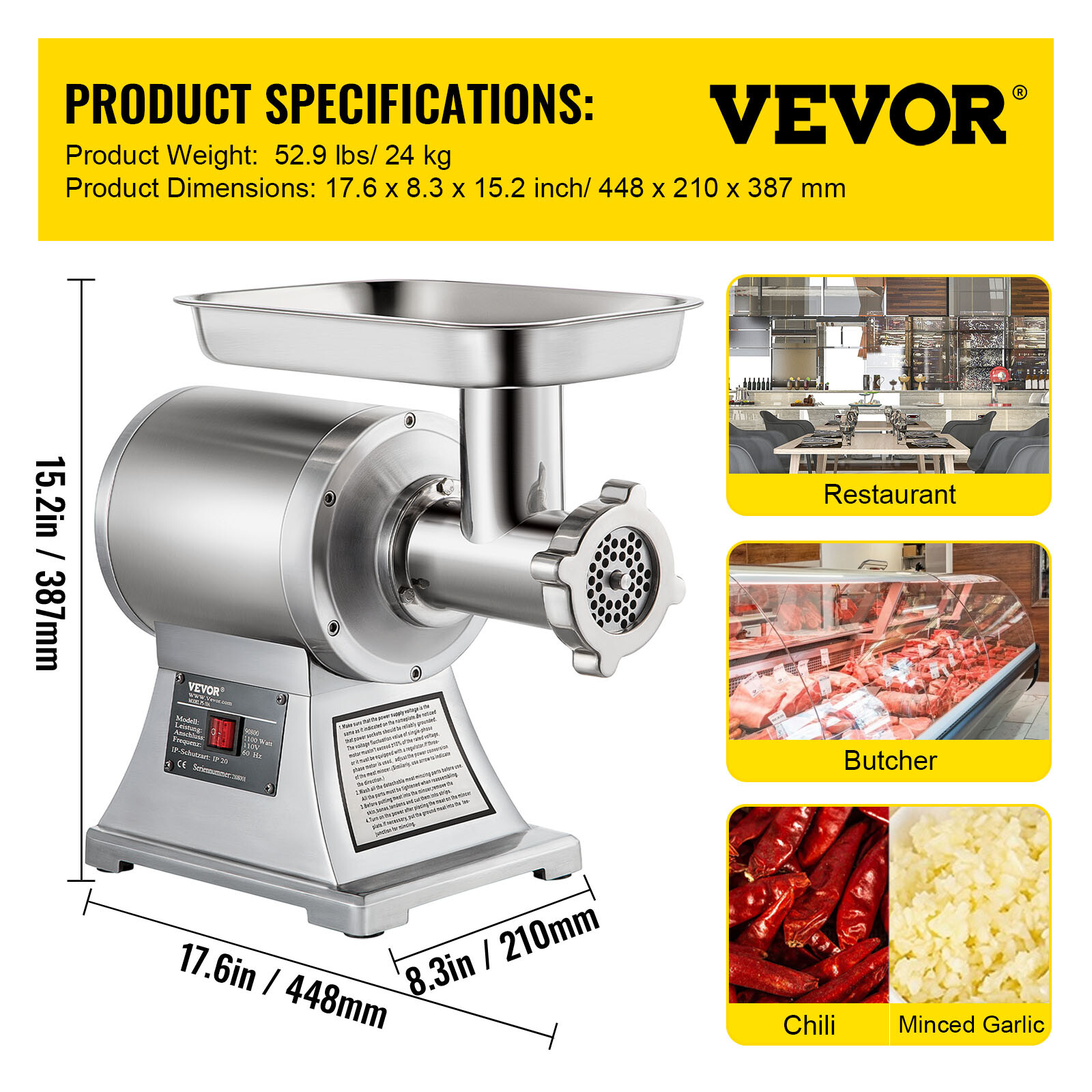 VEVOR 550lbs/H Electric Meat Grinder 1.5HP Commercial Sausage Stuffer Filler