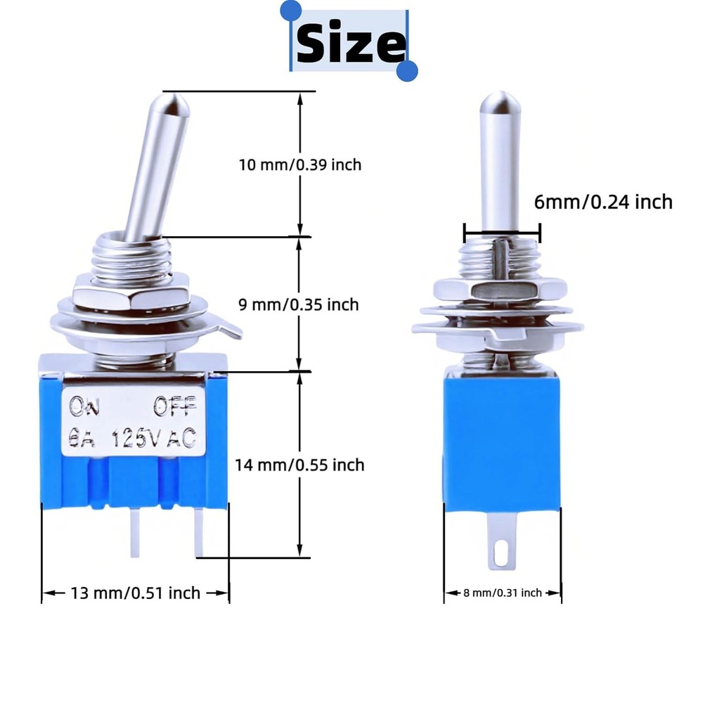 12PCS Mini Toggle Switch SPST ON Off 6A 125V 2 Pin Micro Rocker Switch