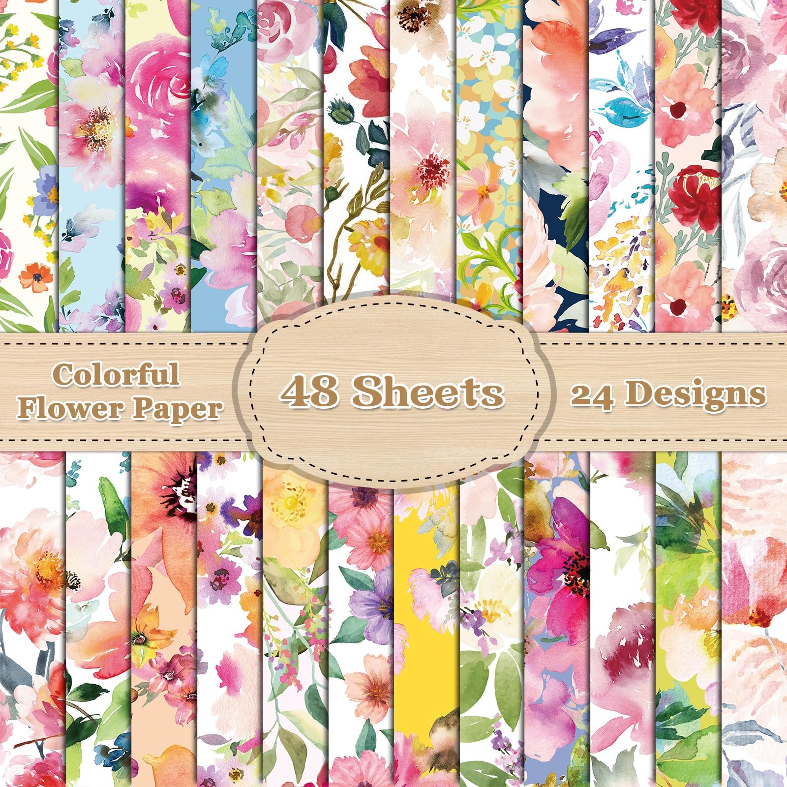 48PCS Floral Pattern Paper Double Sided Watercolor Flower Scrapbook Specialty...