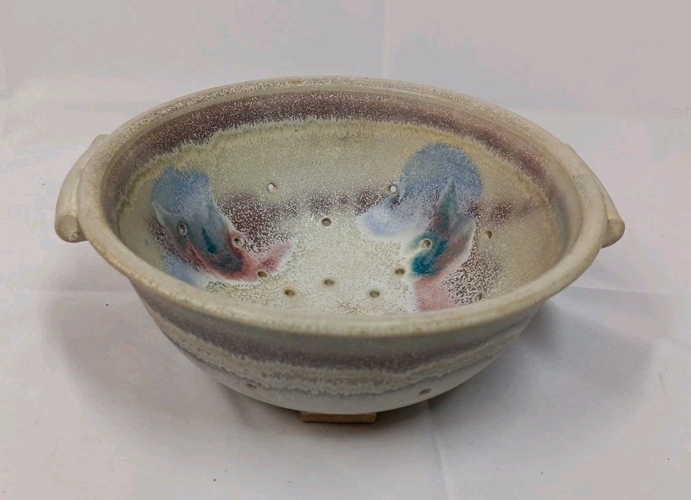 Studio Art Pottery Ceramic Bowl Colander Strainer Signed 8 Inch Diameter