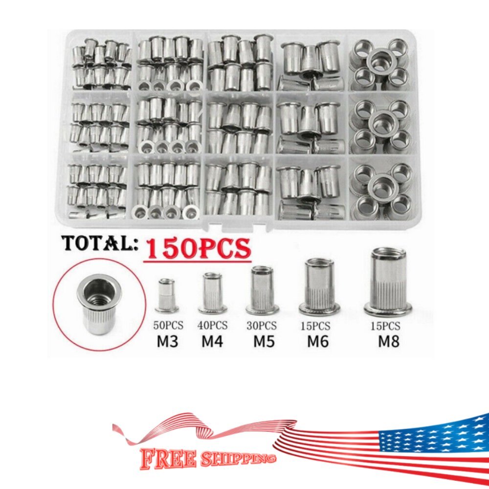 M3-M8 Aluminum Rivet Flat Head Threaded Set Rivet Nuts Blind Nutsert Kit 150PCS