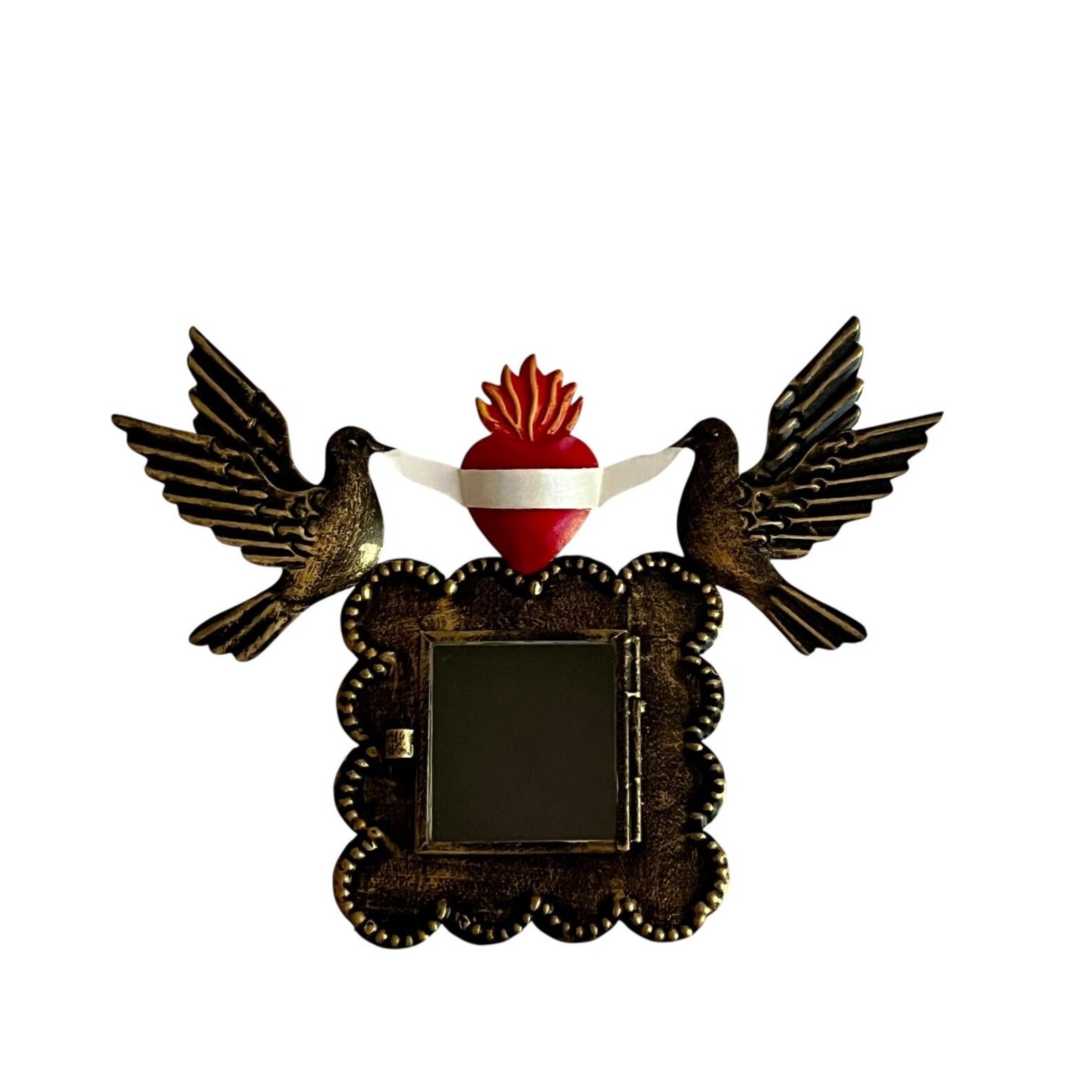 SACRED HEART Frame with Doves, Mexican Tin Heart Nicho, Shadowbow