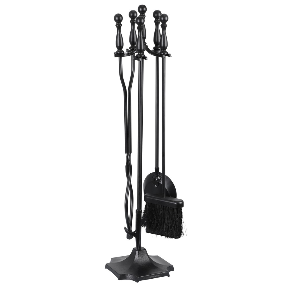 5PCS Fireplace Tools Sets Black Handle Wrought Iron Large Fire Tool Set Indoor