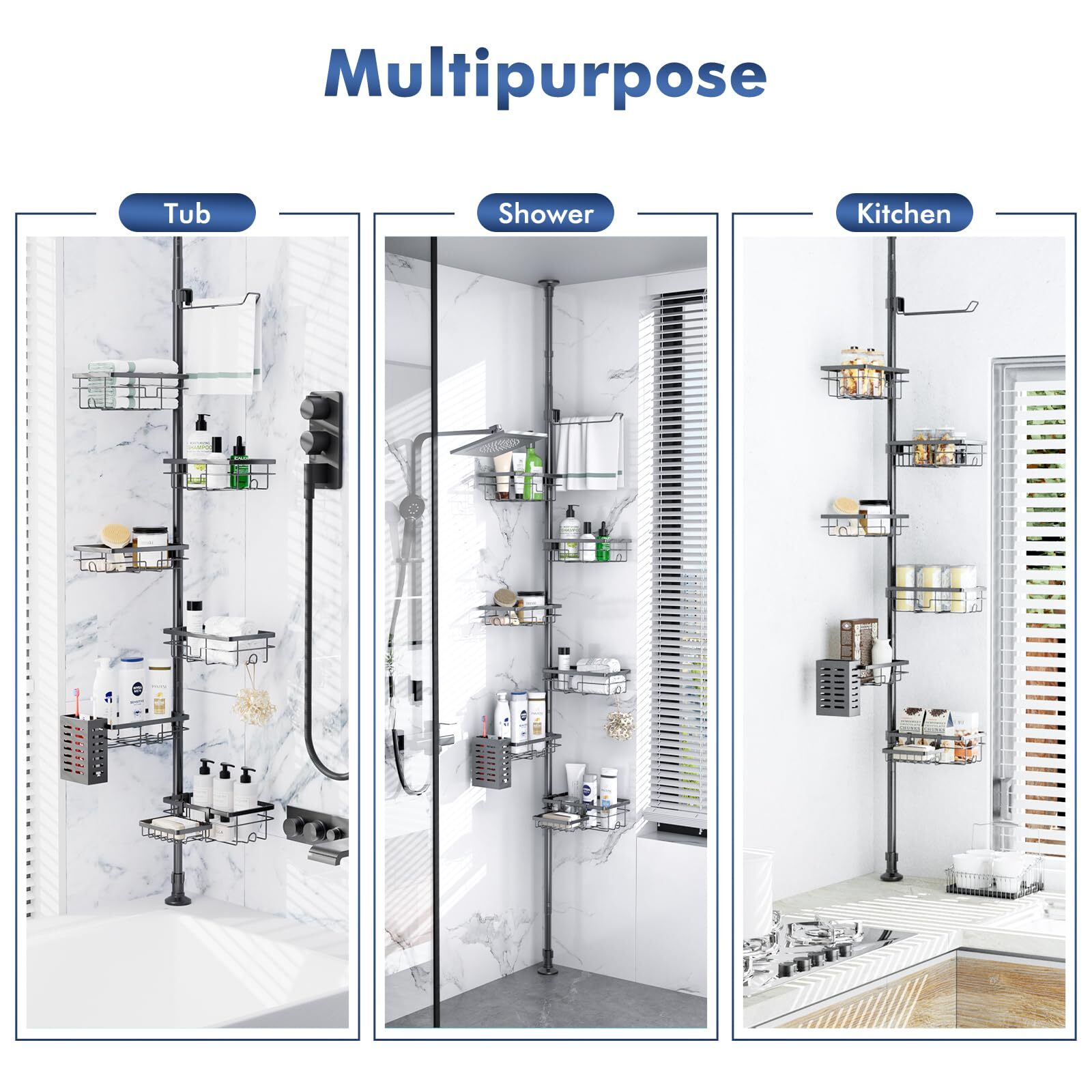 7-Tier Shower Caddy Organizer Tension Pole, Rustproof Corner Shelf for Bathroom