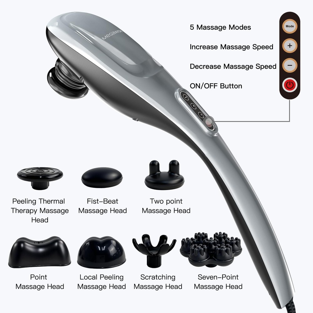 MEGAWISE Handheld Back Massager | Deep Tissue Percussion Massage Silver Grey