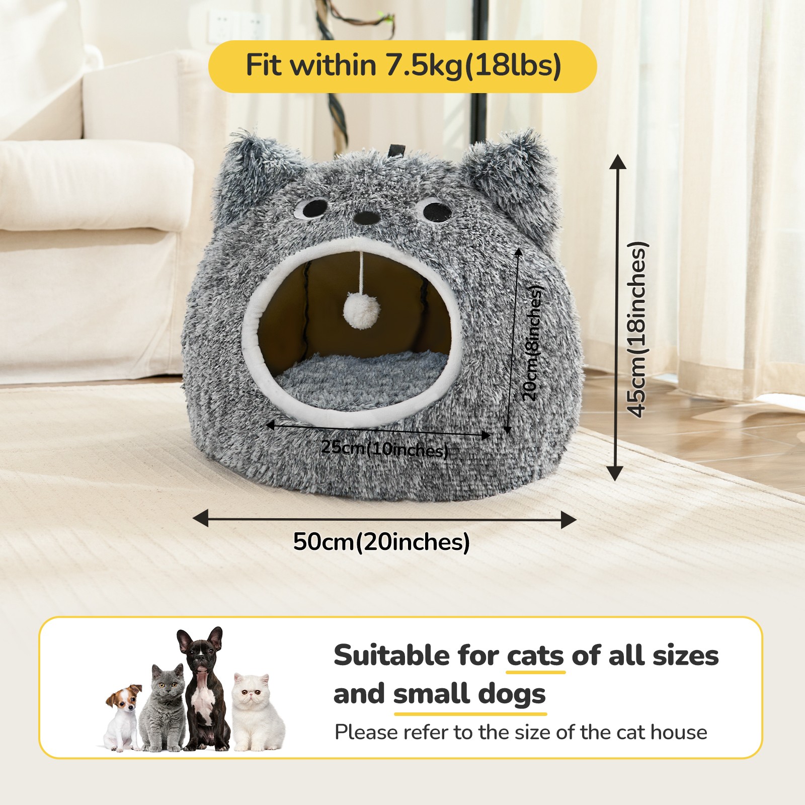 CATISM Cat Bed Indoor Soft Plush Removable Pillow Non-Slip Base Dogs Cave Nest