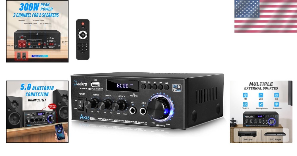 Powerful 300W Stereo Amplifier with Wireless Bluetooth & Custom Sound Control