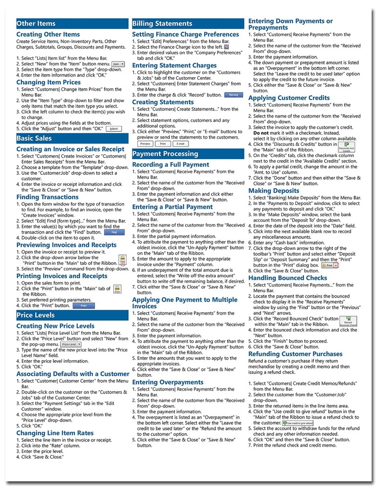 QuickBooks Pro 2016 Training Guide Quick Reference Card 4 Page Cheat Sheet