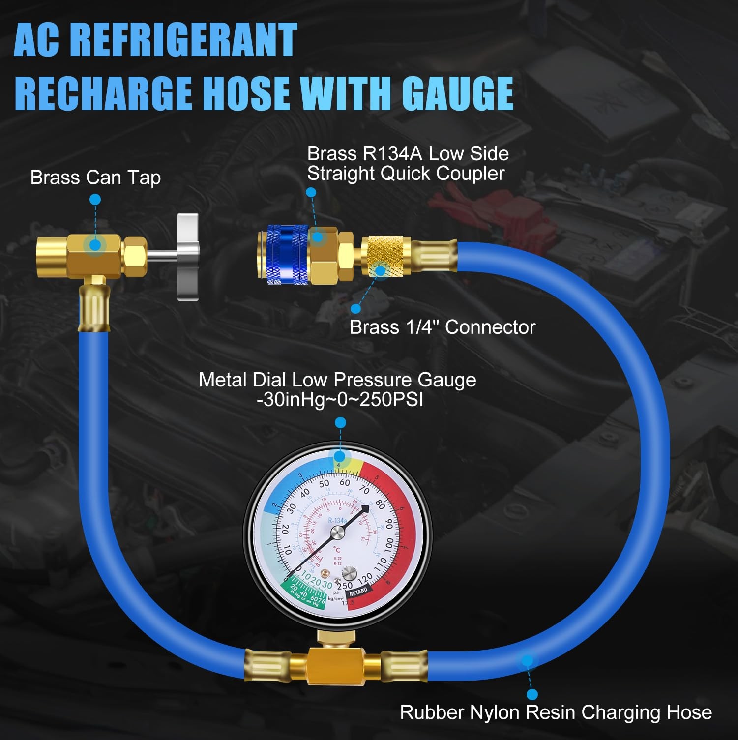 AC Charge Hose with Gauge for R134A Car HVAC Refrigerant Low Pressure Kit