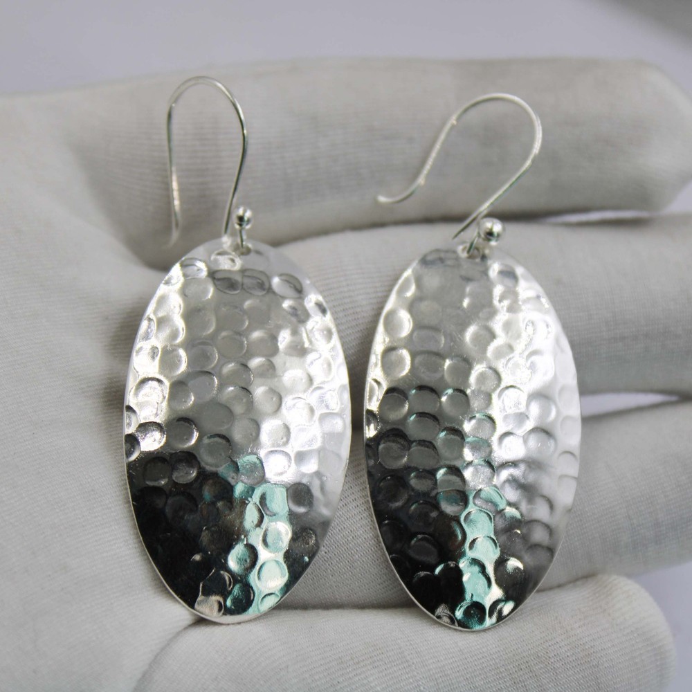 Solid 925 Sterling Silver Hammered Oval Dangle Drop Earrings Textured Handmade