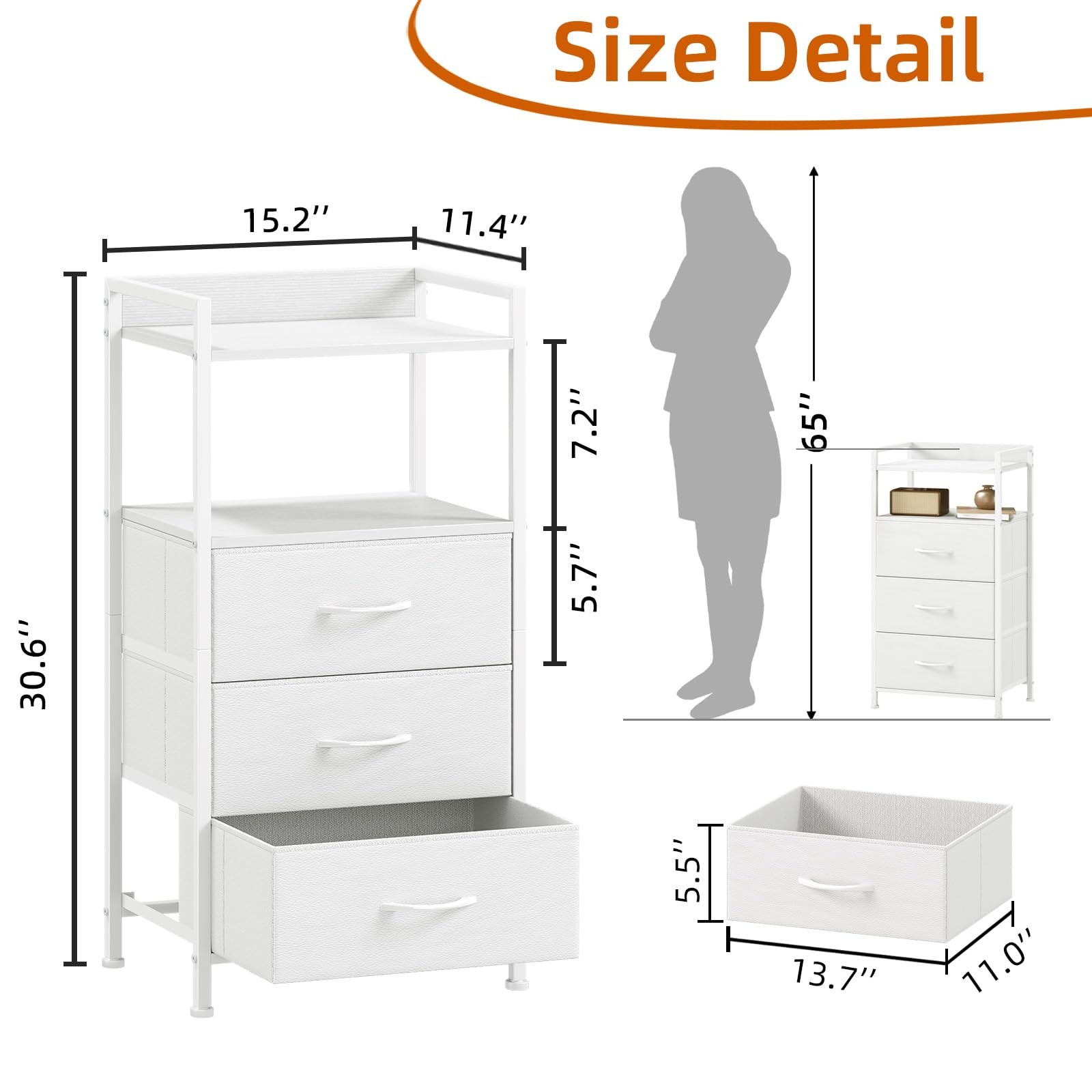 3-Drawer Nightstand with Fabric Bins, Wood Top Steel Frame, White