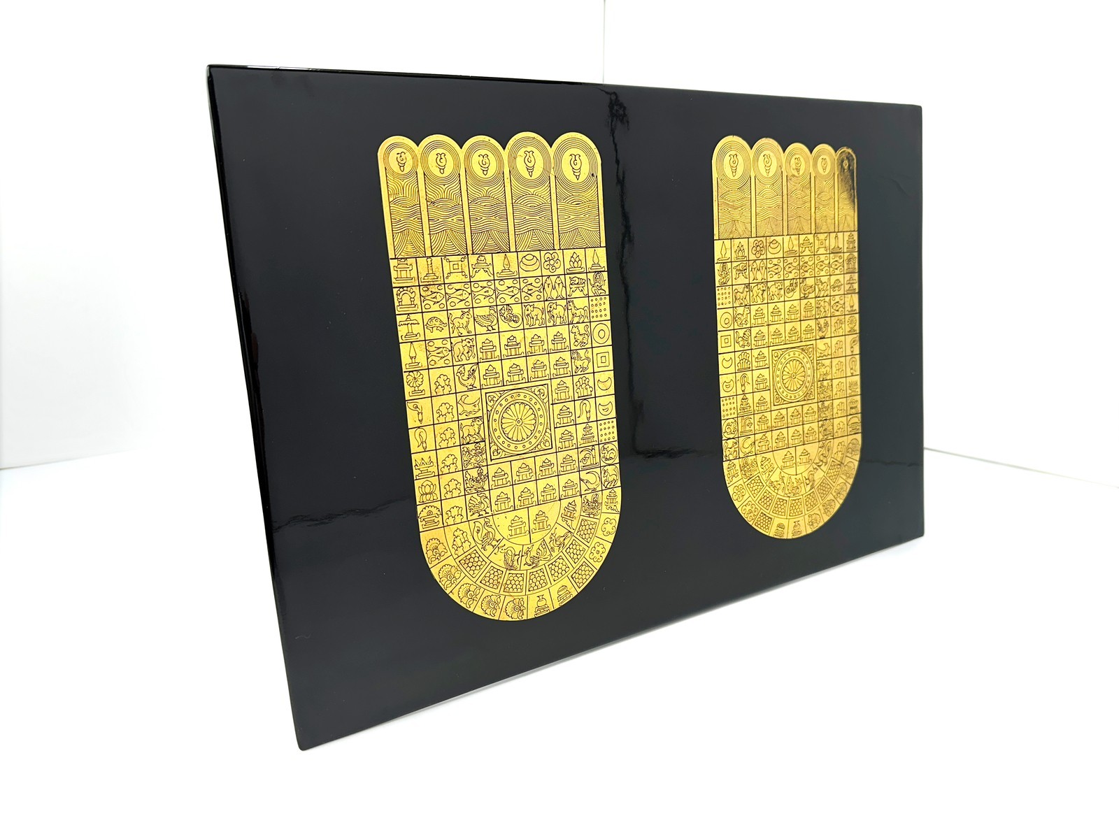 Large Burmese Gold Leaf Buddha Footprint Lacquer Panel Altar Art Zen Decor 18"