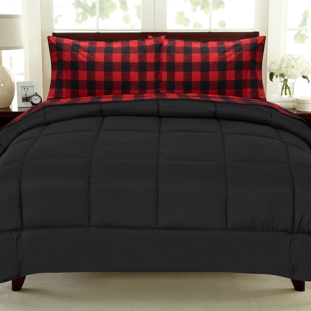 Buffalo Check Sheet Set Burgundy/Black and Solid Black Comforter