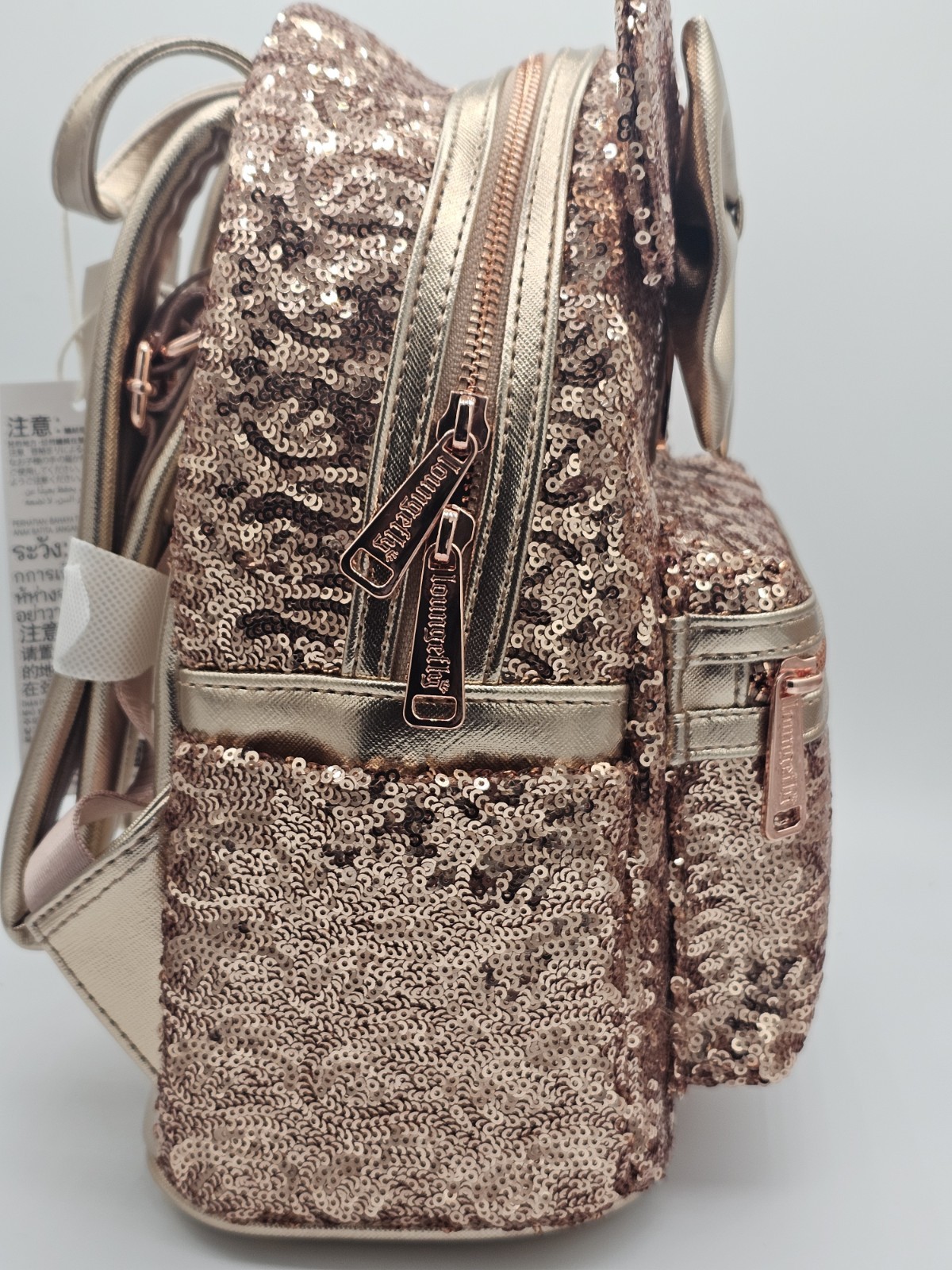 NEW Disney Parks Loungefly Rose Gold Sequin Minnie Mouse Ears Backpack Carry Bag