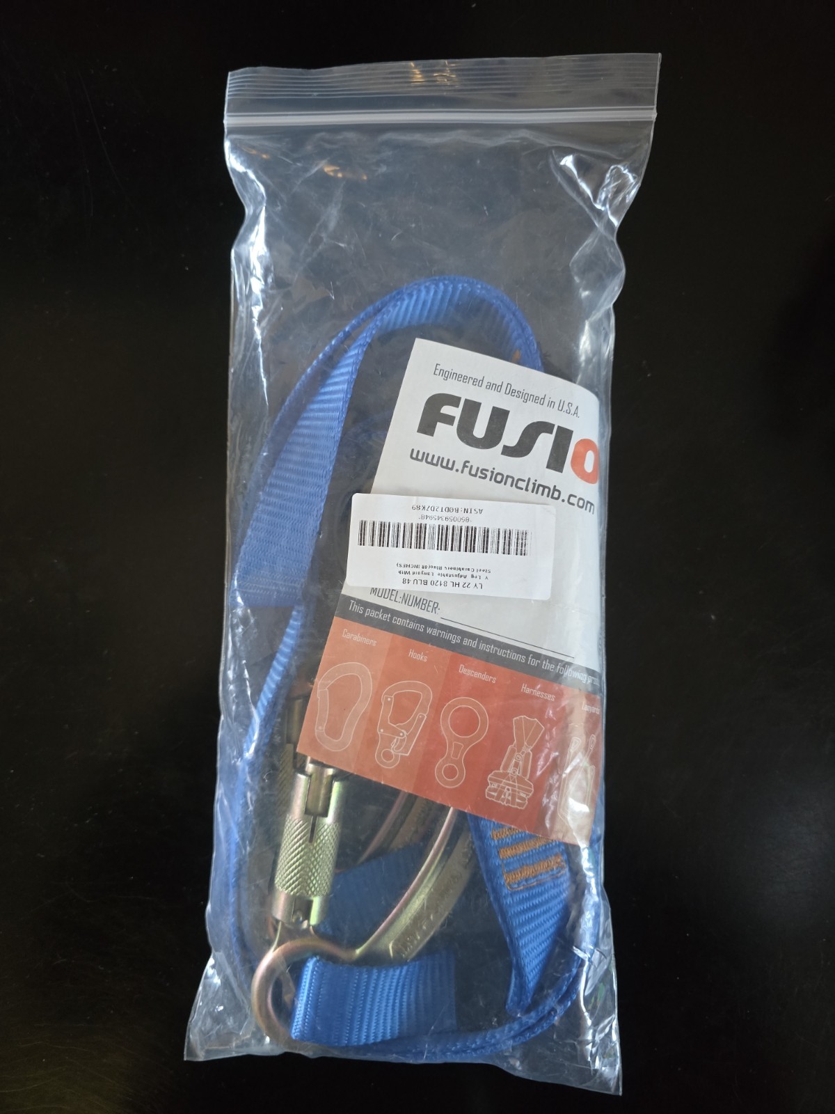 Fusion Adjustable Y-Lanyard W/hitched Loop And Carabiner Ends Blue 48 climbing