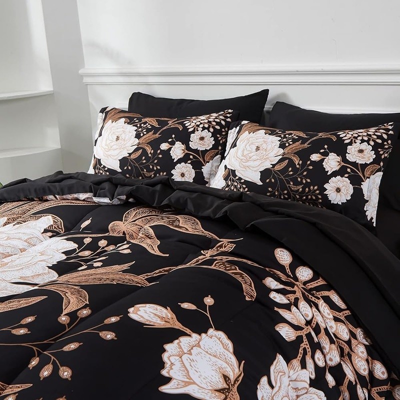 7 Piece Queen Bed in a Bag Microfiber Comforter Set Floral Pattern Bedding New