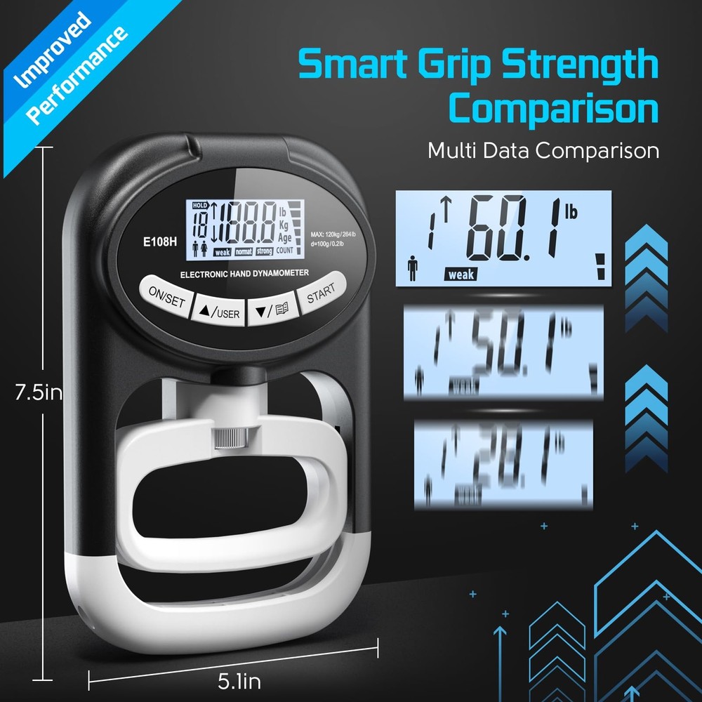 Electronic Grip Strength Tester with Adjustable Hand Dynamometer, Black