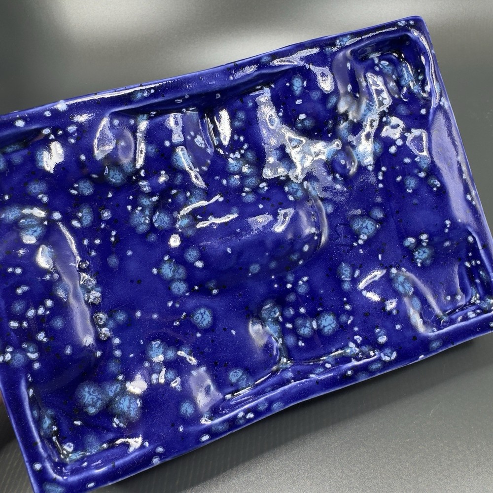 Vintage Hand Made Pottery Ashtray Dish Blue Speckled Glaze Rectangular Container