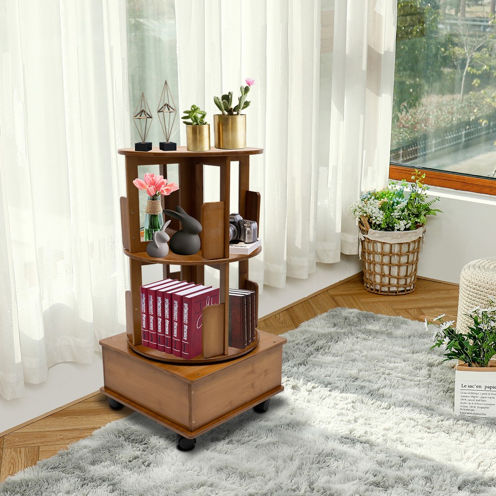 Rotating Bookshelf Swivel Storage Table Bookcase Side Table with Rolling Wheels