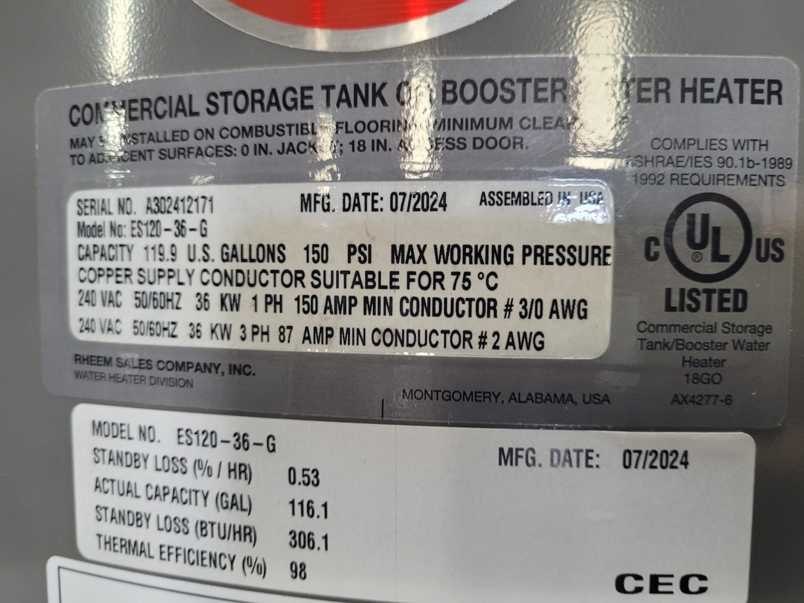 Rheem ES120-36-G 120 Gallon Electric Commercial Water Heater
