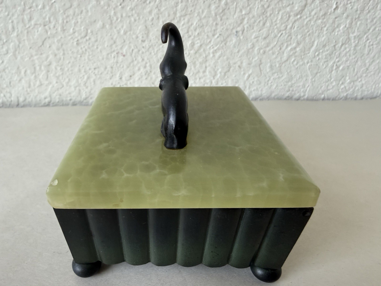 Antique Vtg Trinket Jewelry Box Green Onyx Austria Elephant Sculpture Art Deco