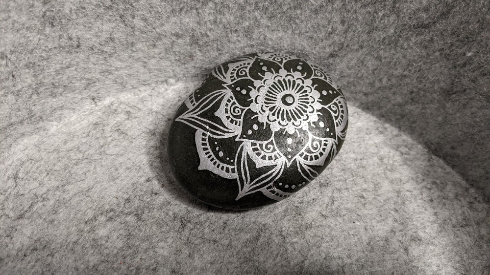 Hand Painted Rock / Stone - mandala silver black gray line design