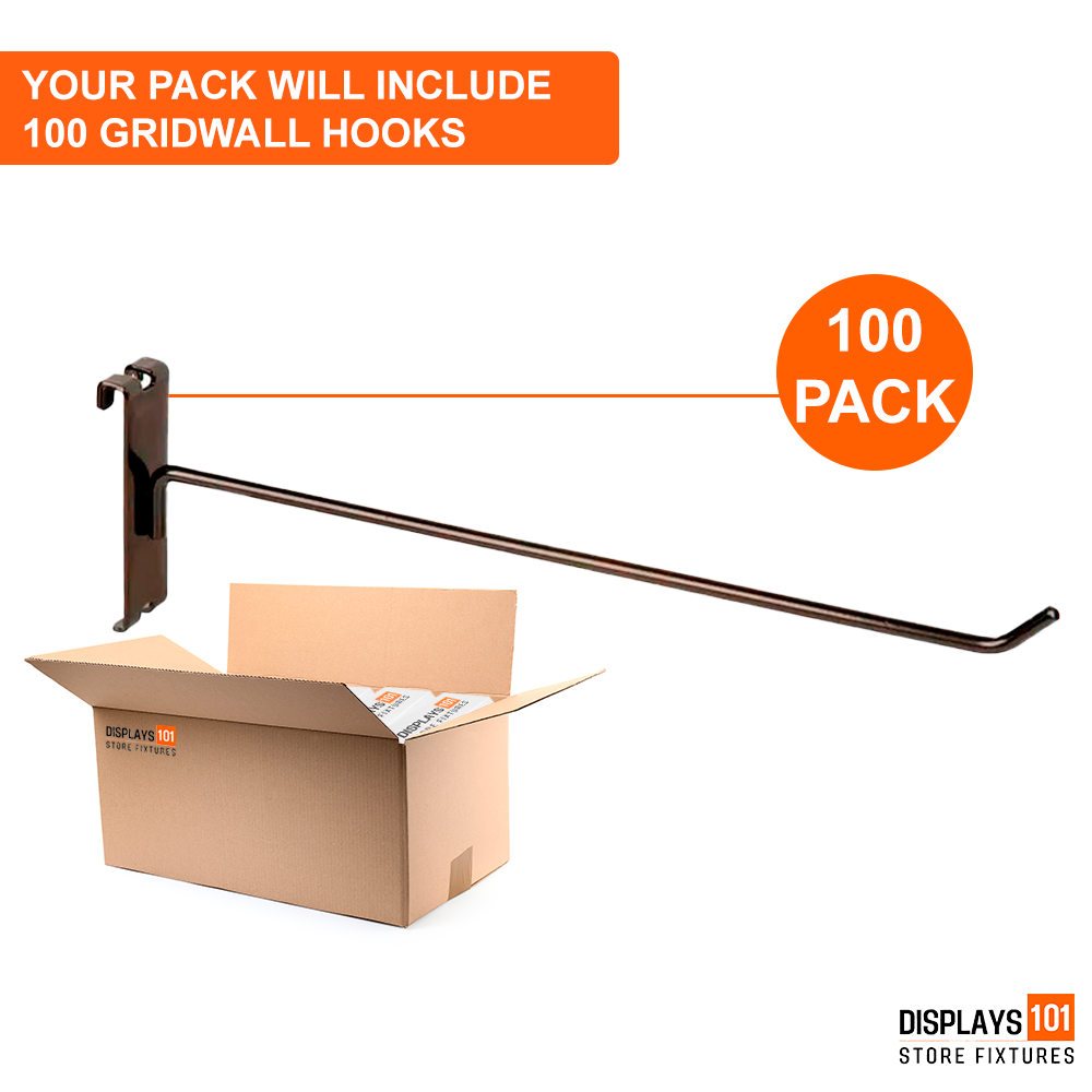 12" Gridwall Hooks | 100-Pack Black Hooks For Grid Panel Displays - NEW