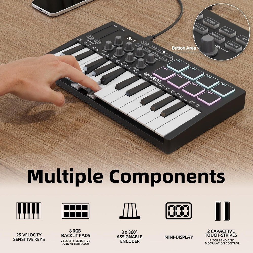 Wireless Bluetooth 25-Key MIDI Controller with Backlit Pads for Modern Musicians