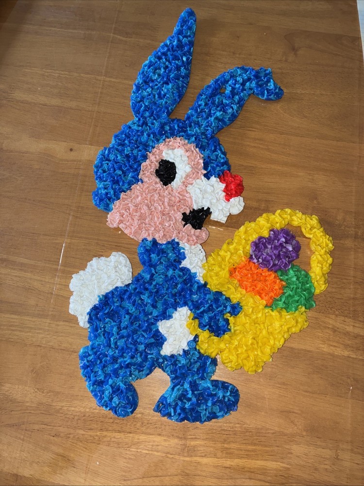 Vintage Melted Plastic Popcorn Decor Blue Easter Bunny With Basket Eggs Spring