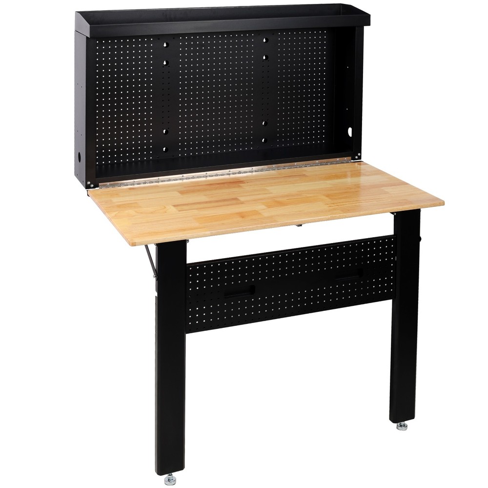 Wall Mounted Foldable Workbench, Space-Saving Rubberwood Top with Tool Pegboard