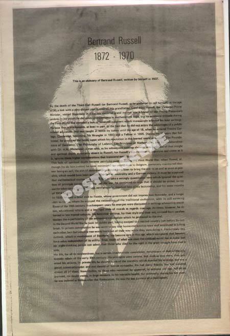 BERTRAND RUSSELL NEWSPAPER OBITUARY POSTER 1970 ORIGINAL