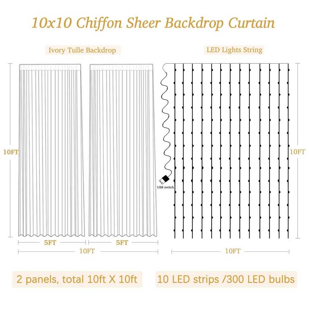Ivory White Chiffon Backdrop Curtain 10x10 Ft With Lights String Wedding