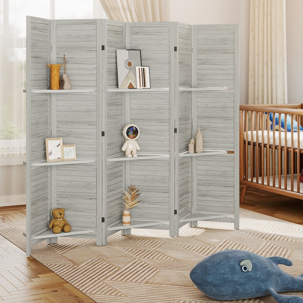 6 Panel Privacy Screen, Room Divider with 3 Shelves, White