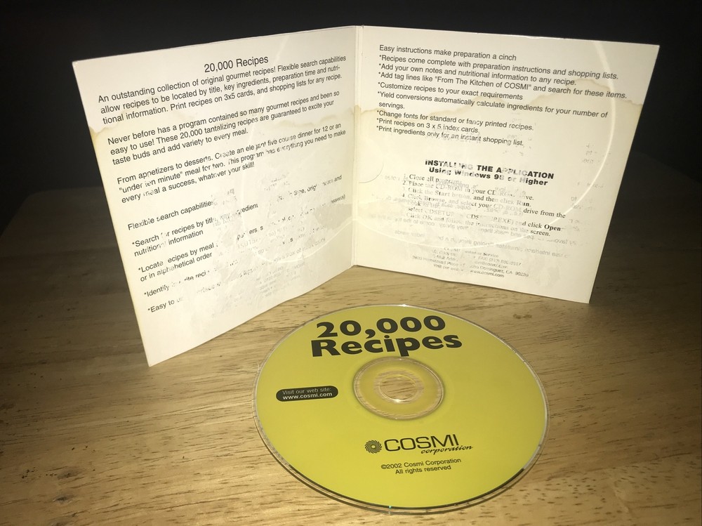 20,000 Recipes PC CD-ROM Reference Disc Cardboard Sleeve & Working Disc