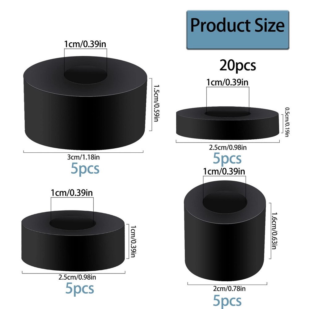 20 Pack Thick Rubber Washers - Round & Flat Spacers, 4 Sizes, Black
