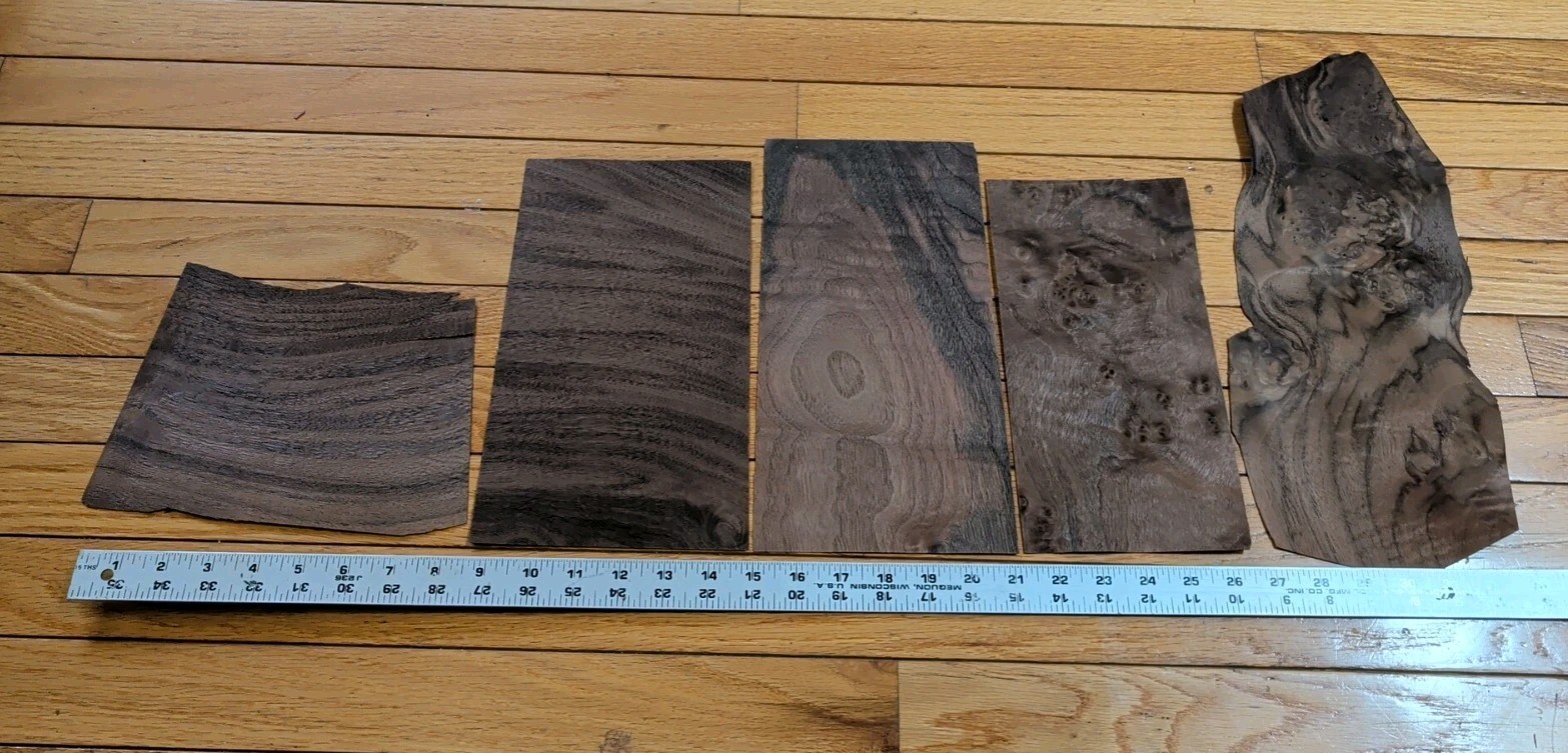 Walnut veneer 6" & 5" wide x 10" each and 1/42" 5 pieces wood raw