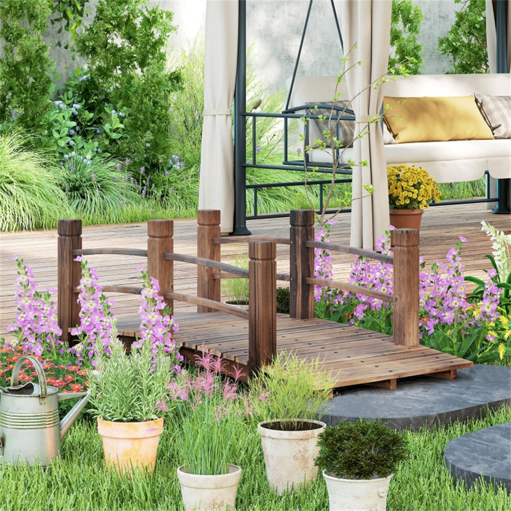 Wooden Garden Bridge Arc Footbridge Curved Bridge Frame with Side Rails