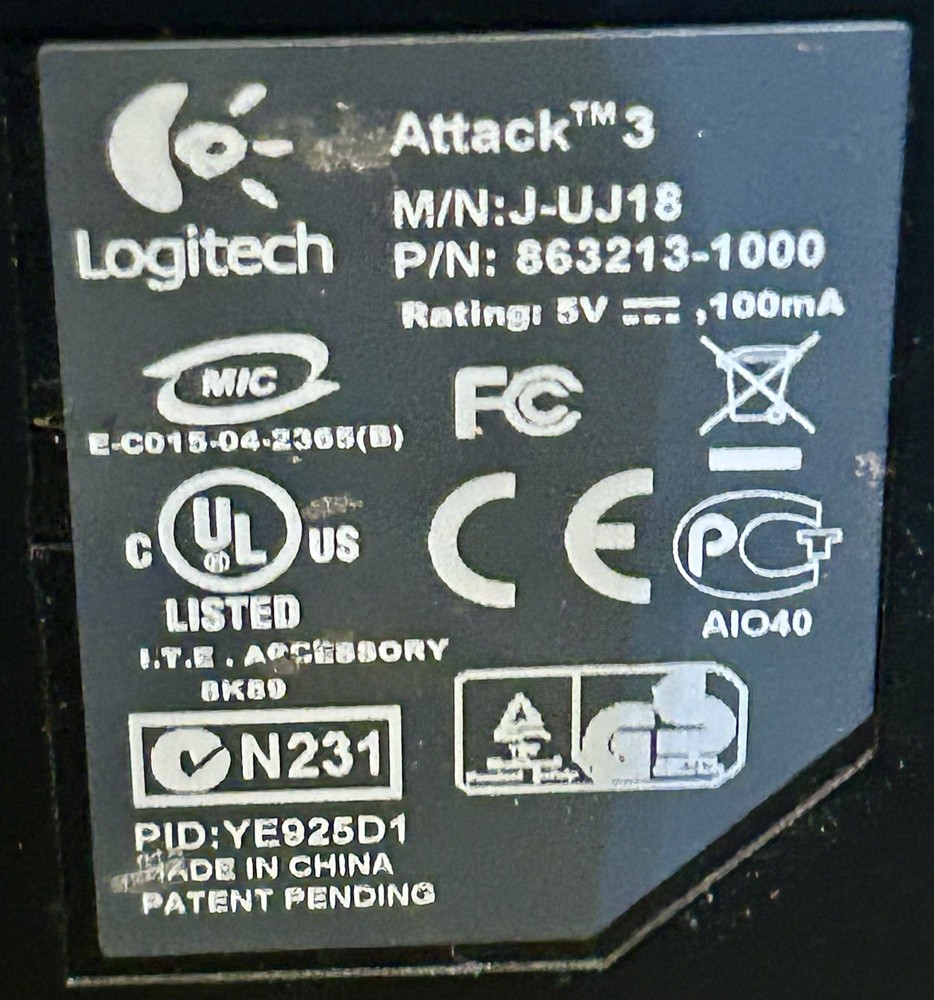 Logitech Attack 3 USB Illuminated Matte Black Joystick J-UJ18 863213-1000