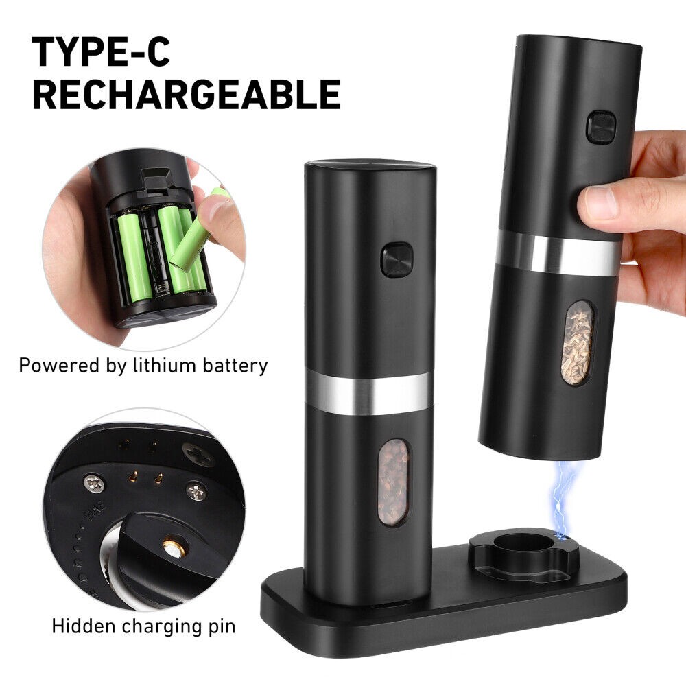 2 Pack Electric Automatic Gravity Salt and Pepper Grinder Spice Mill Adjustable