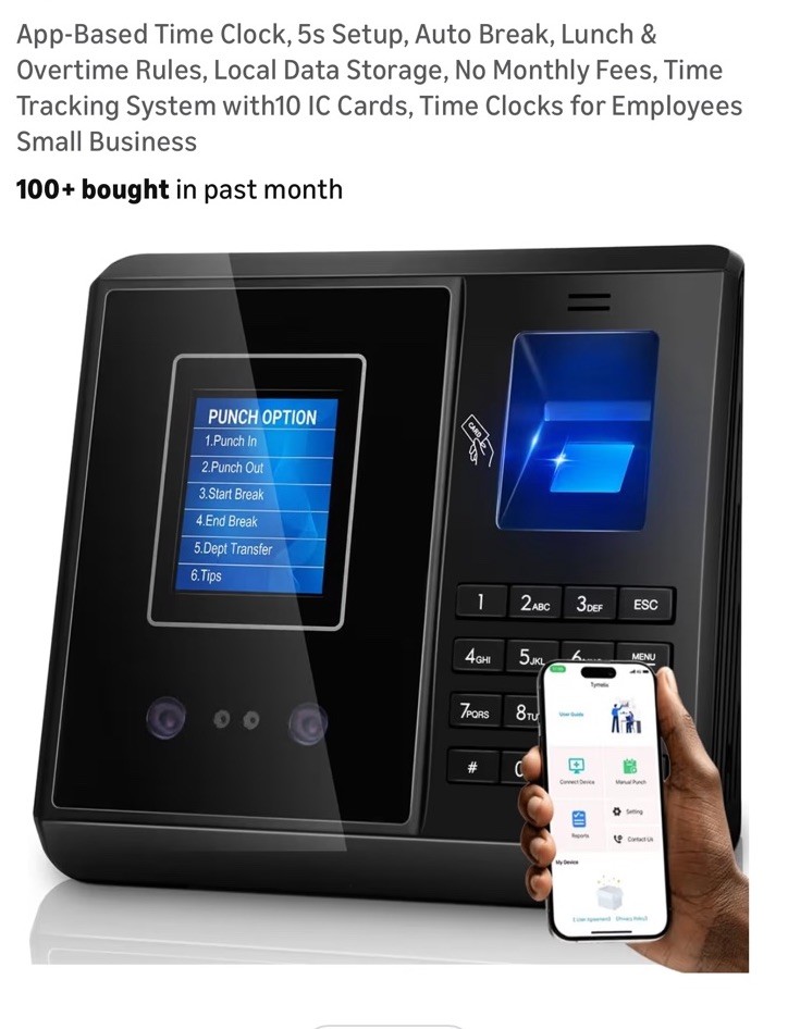 App-Based Time Clock, 5s Setup，Multi-Punch Daily, Auto Break, Lunch & Overtime R